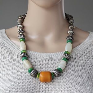Vintage African Amber & Banded Agate Trade Bead Necklace Green Glass Silver Tone